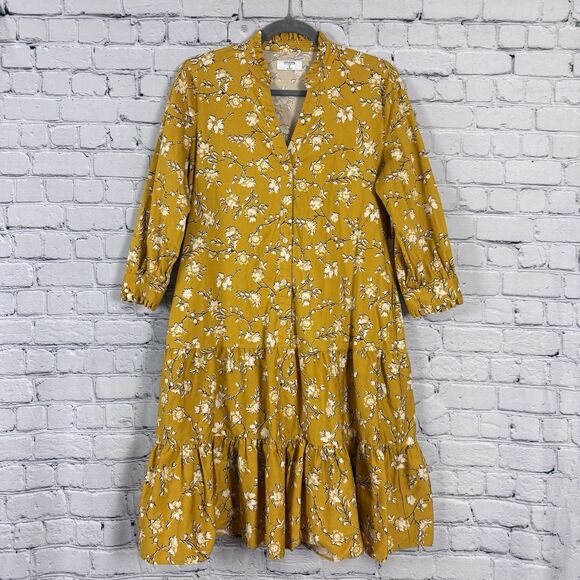 UNTUCKit Jane Floral Shirt Dress Marigold Yellow Tiered Womens 6 MISSING BELT - Picture 1 of 10